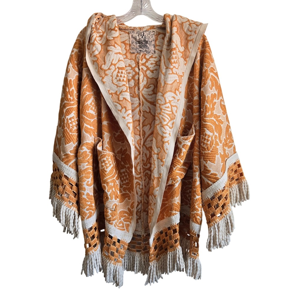 Upcycled Vtg Hause of Glassborow OS Hooded Cardigan Yellow Boho Fringe Excellent - Picture 1 of 9